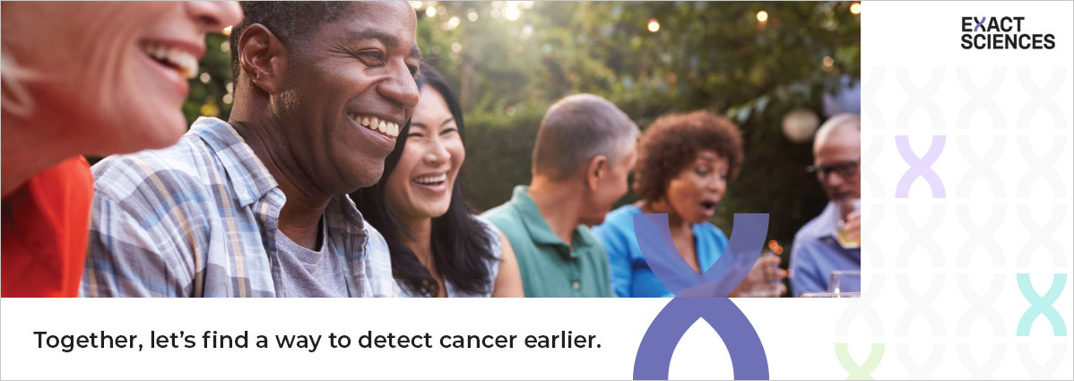 A group of people sit and smile together outdoors. Text reads, "Together, let's find a way to detect cancer earlier." Exact Sciences logo appears in the top right corner.